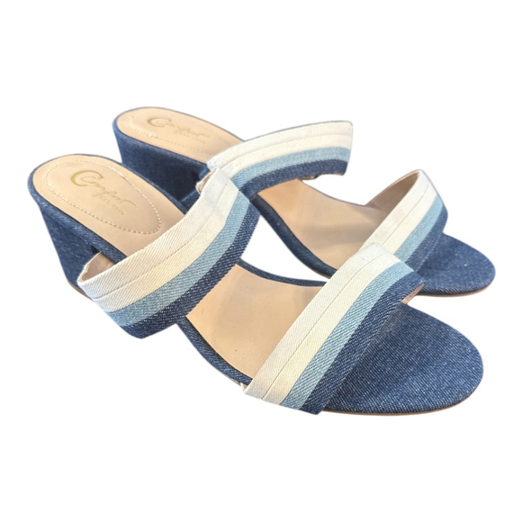 C Est. 1946 Shoes - Est. 1946 Denim Sandals with Striped Design, Size 10 Wide, Blue and White